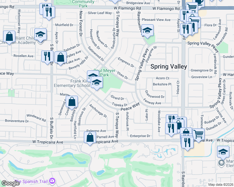 map of restaurants, bars, coffee shops, grocery stores, and more near 7401 Coffeyville Avenue in Las Vegas