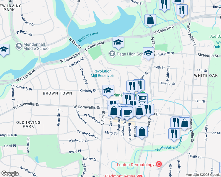 map of restaurants, bars, coffee shops, grocery stores, and more near 3 Fountain View Circle in Greensboro