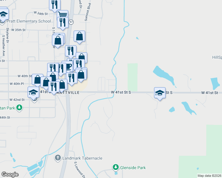 map of restaurants, bars, coffee shops, grocery stores, and more near 4037 Rawson Road in Sand Springs
