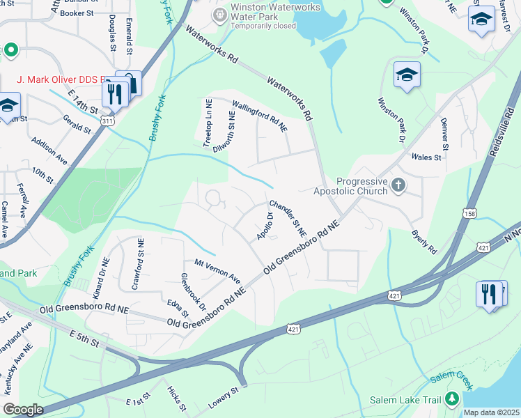 map of restaurants, bars, coffee shops, grocery stores, and more near 610 Chandler Street Northeast in Winston-Salem