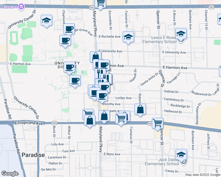 map of restaurants, bars, coffee shops, grocery stores, and more near 1305 Del Mar Street in Las Vegas