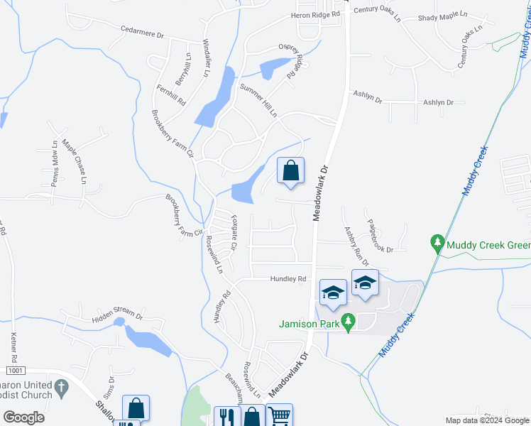 map of restaurants, bars, coffee shops, grocery stores, and more near 120 Brookdale Ridge Court in Winston-Salem