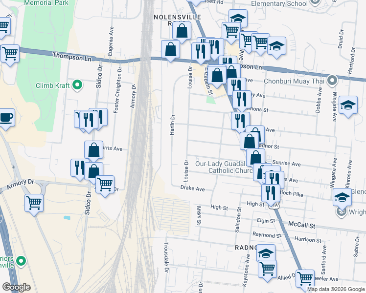 map of restaurants, bars, coffee shops, grocery stores, and more near 3027 Louise Drive in Nashville