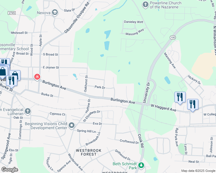 map of restaurants, bars, coffee shops, grocery stores, and more near 903 Park Drive in Gibsonville
