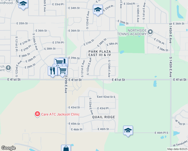 map of restaurants, bars, coffee shops, grocery stores, and more near 4318 South 133rd East Avenue in Tulsa