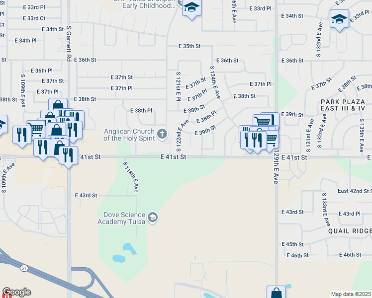 map of restaurants, bars, coffee shops, grocery stores, and more near 3930 South 122nd East Place in Tulsa