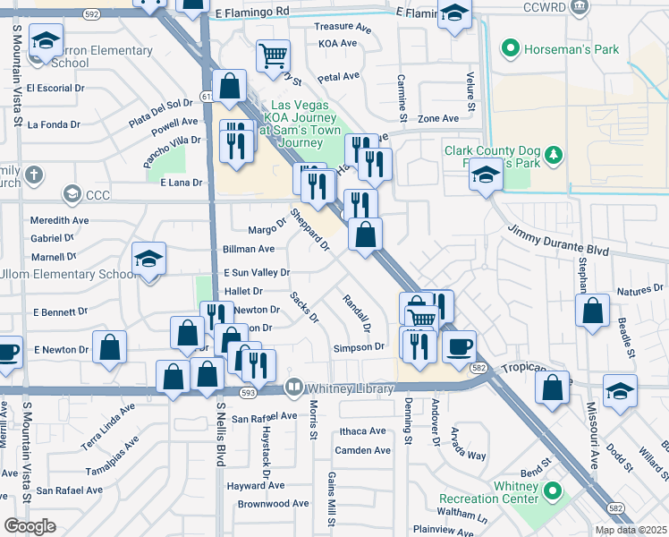 map of restaurants, bars, coffee shops, grocery stores, and more near 5249 East Sun Valley Drive in Las Vegas