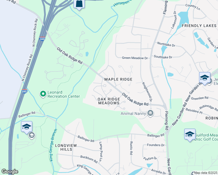 map of restaurants, bars, coffee shops, grocery stores, and more near 1125 Birch Tree Way in Greensboro