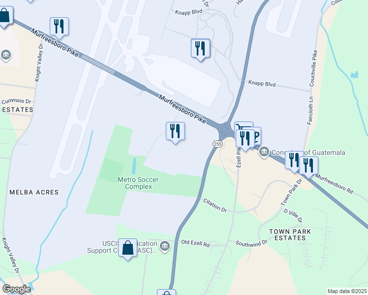map of restaurants, bars, coffee shops, grocery stores, and more near 1 Dell Parkway in Nashville