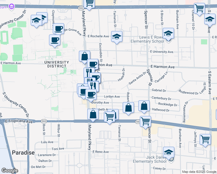 map of restaurants, bars, coffee shops, grocery stores, and more near 1424 Santa Anita Drive in Las Vegas
