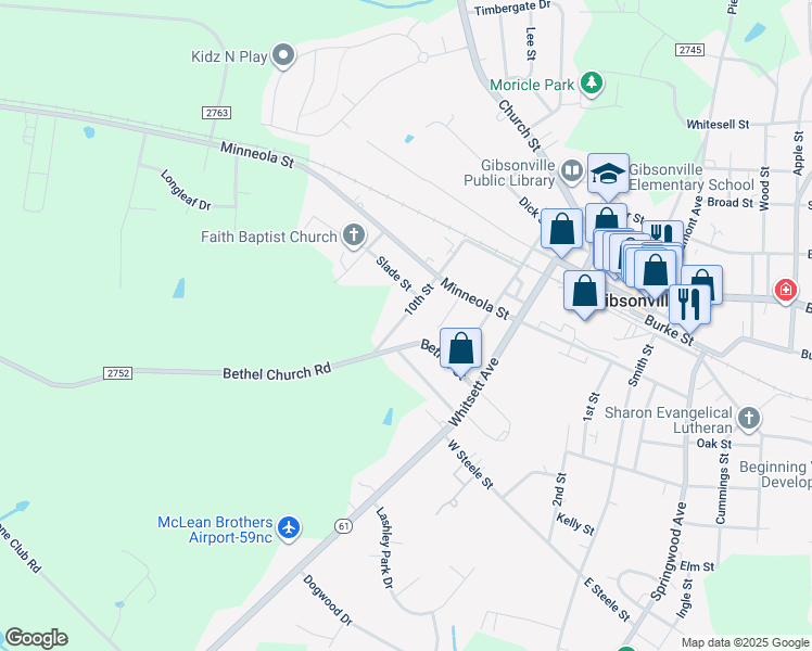 map of restaurants, bars, coffee shops, grocery stores, and more near 513 10th Street in Gibsonville