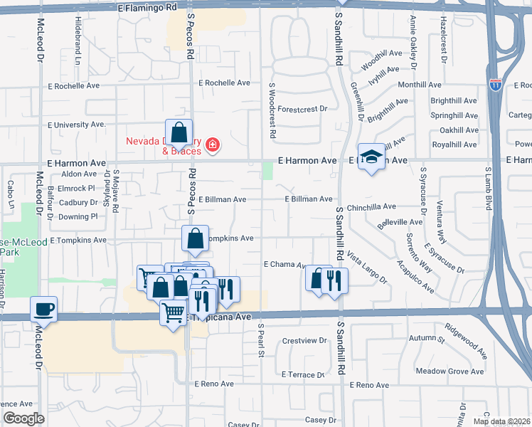 map of restaurants, bars, coffee shops, grocery stores, and more near 3611 East Taos Lane in Las Vegas