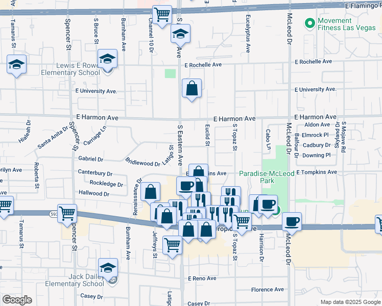 map of restaurants, bars, coffee shops, grocery stores, and more near 4630 South Eastern Avenue in Las Vegas