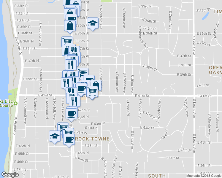 map of restaurants, bars, coffee shops, grocery stores, and more near 3929 South Saint Louis Avenue in Tulsa