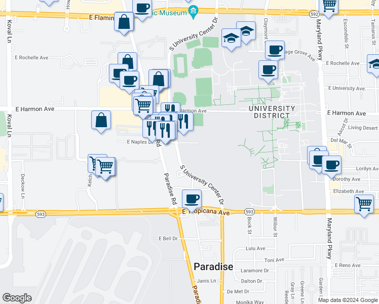 map of restaurants, bars, coffee shops, grocery stores, and more near 765 East Naples Drive in Las Vegas
