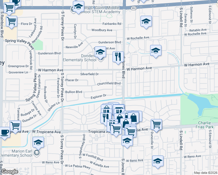 map of restaurants, bars, coffee shops, grocery stores, and more near 6196 Bullion Blvd in Las Vegas