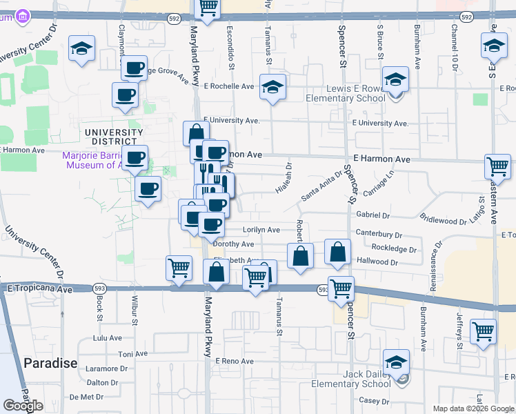map of restaurants, bars, coffee shops, grocery stores, and more near 1424 Santa Anita Drive in Las Vegas