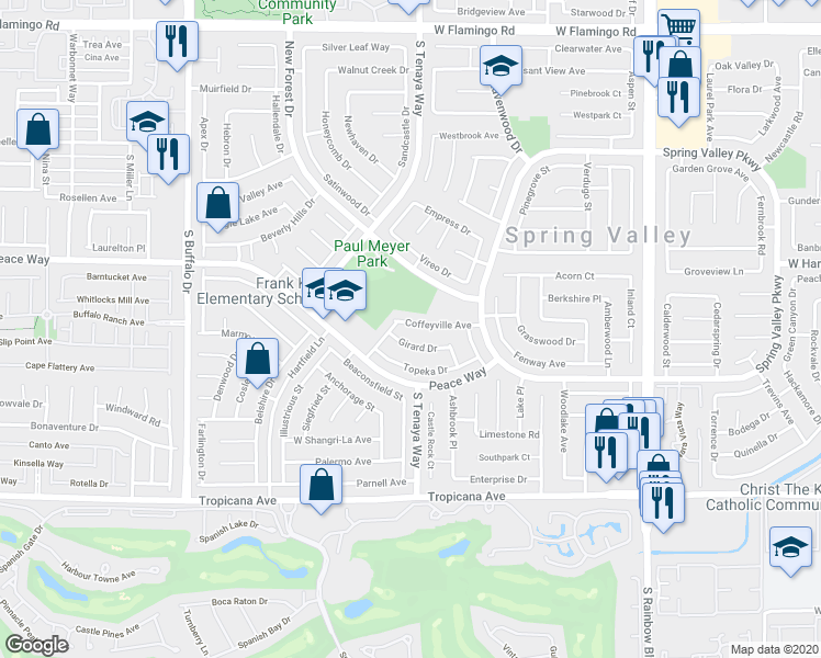 map of restaurants, bars, coffee shops, grocery stores, and more near 7401 Coffeyville Avenue in Las Vegas