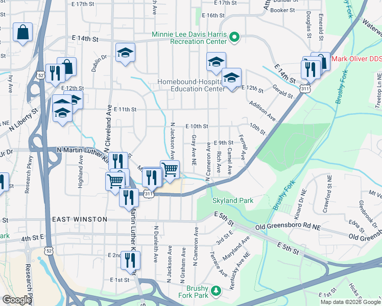 map of restaurants, bars, coffee shops, grocery stores, and more near 835 North Graham Avenue in Winston-Salem