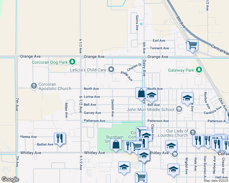 map of restaurants, bars, coffee shops, grocery stores, and more near 2305 North Ave in Corcoran