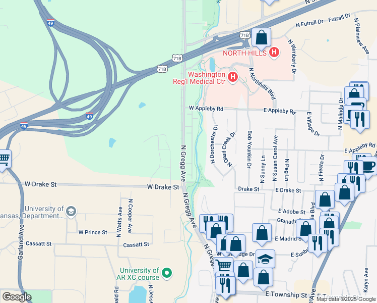 map of restaurants, bars, coffee shops, grocery stores, and more near 2934 North Gregg Avenue in Fayetteville