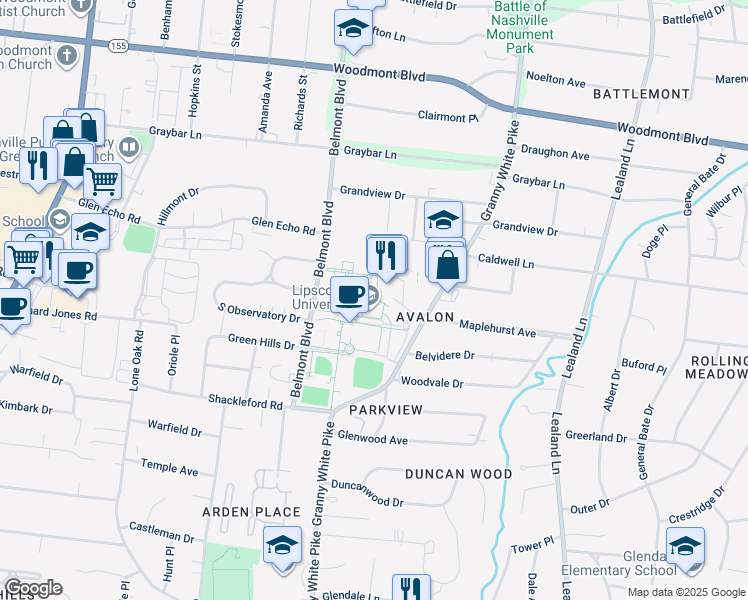 map of restaurants, bars, coffee shops, grocery stores, and more near 3901 Granny White Pike in Nashville