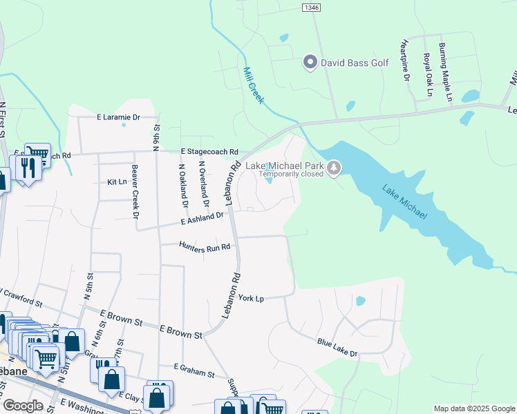 map of restaurants, bars, coffee shops, grocery stores, and more near 601 Oakfield Tr in Mebane
