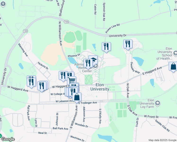 map of restaurants, bars, coffee shops, grocery stores, and more near 100 Campus Drive in Elon