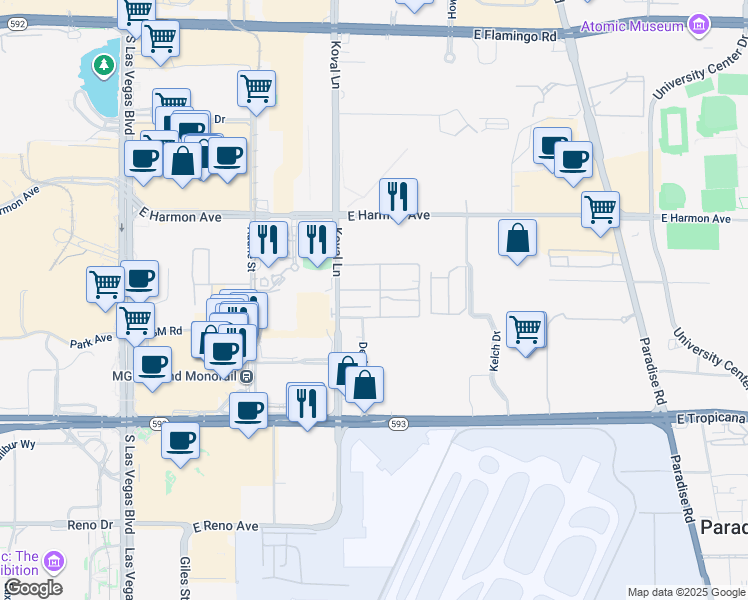 map of restaurants, bars, coffee shops, grocery stores, and more near 4650 Koval Lane in Las Vegas