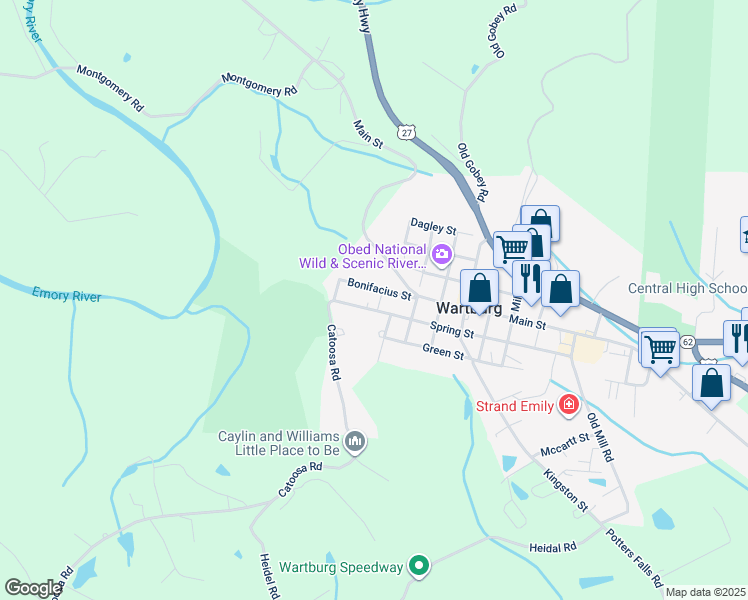 map of restaurants, bars, coffee shops, grocery stores, and more near 137 Spring Street in Wartburg