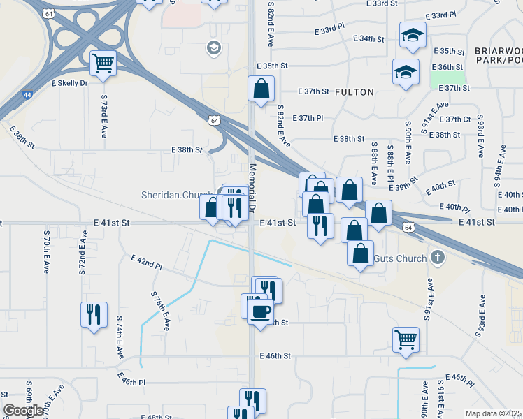 map of restaurants, bars, coffee shops, grocery stores, and more near 3923 South Memorial Drive in Tulsa