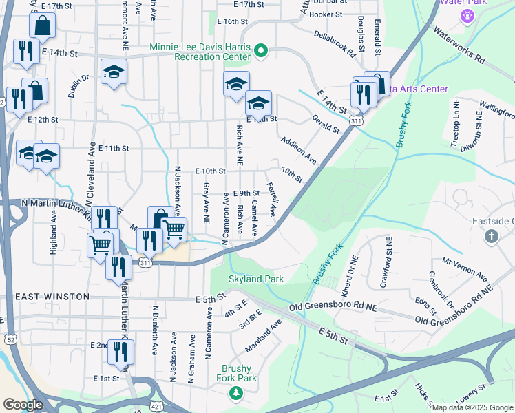 map of restaurants, bars, coffee shops, grocery stores, and more near 849 Camel Avenue in Winston-Salem