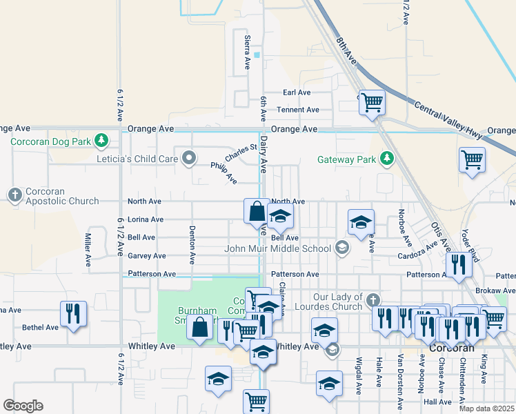 map of restaurants, bars, coffee shops, grocery stores, and more near 604 Dairy Avenue in Corcoran