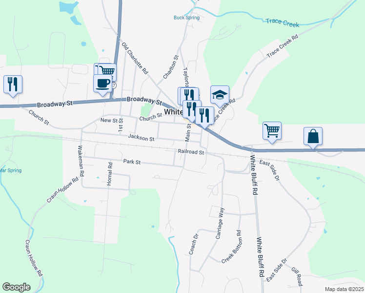 map of restaurants, bars, coffee shops, grocery stores, and more near 202 Main Street in White Bluff