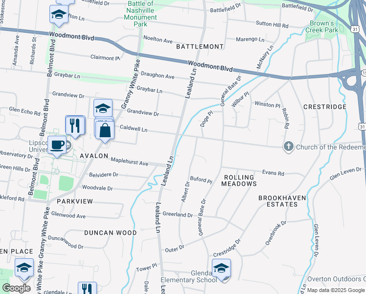map of restaurants, bars, coffee shops, grocery stores, and more near 4002 Lealand Lane in Nashville