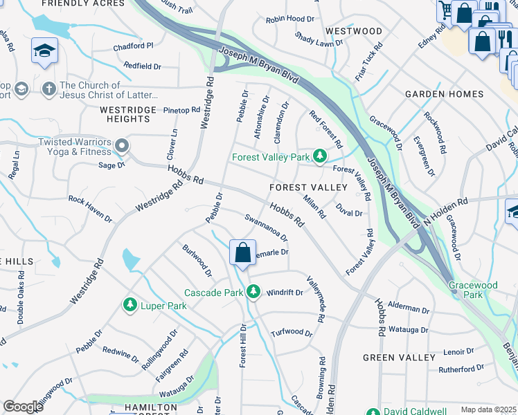map of restaurants, bars, coffee shops, grocery stores, and more near 1801 Hobbs Road in Greensboro