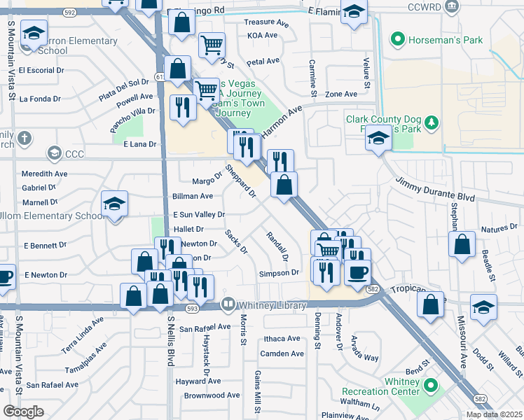 map of restaurants, bars, coffee shops, grocery stores, and more near 5249 East Sun Valley Drive in Las Vegas