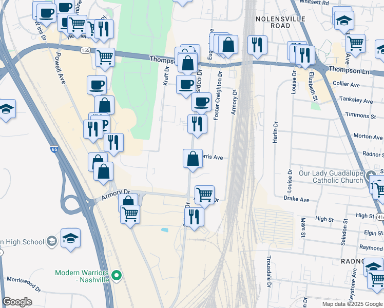 map of restaurants, bars, coffee shops, grocery stores, and more near 2977 Sidco Drive in Nashville