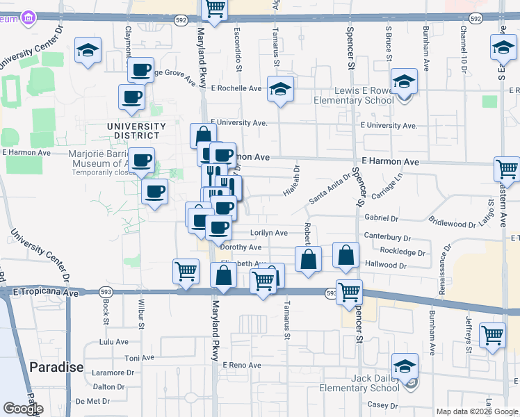 map of restaurants, bars, coffee shops, grocery stores, and more near 1424 Santa Anita Drive in Las Vegas