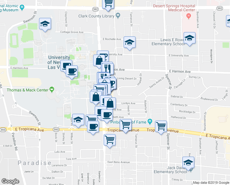 map of restaurants, bars, coffee shops, grocery stores, and more near 1305 Del Mar Street in Las Vegas