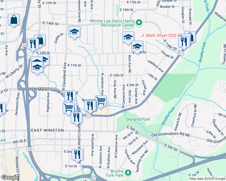map of restaurants, bars, coffee shops, grocery stores, and more near 835 North Graham Avenue in Winston-Salem