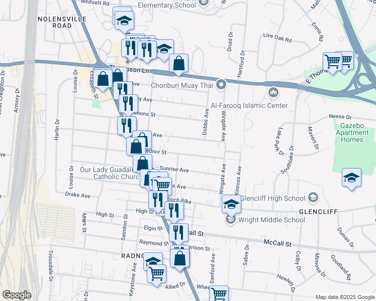 map of restaurants, bars, coffee shops, grocery stores, and more near 192A Radnor Street in Nashville