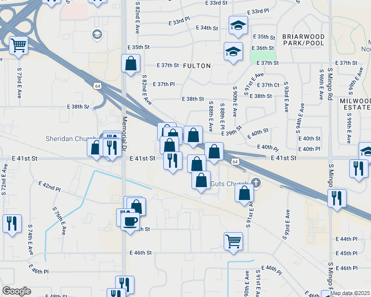 map of restaurants, bars, coffee shops, grocery stores, and more near 8525 E 41st St in Tulsa