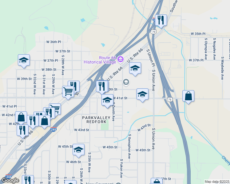 map of restaurants, bars, coffee shops, grocery stores, and more near 2112 West 40th Street in Tulsa