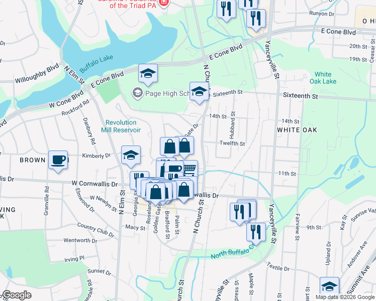 map of restaurants, bars, coffee shops, grocery stores, and more near 2316 Golden Gate Drive in Greensboro