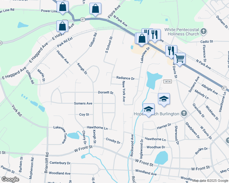 map of restaurants, bars, coffee shops, grocery stores, and more near 1923 Dorsett Street in Burlington
