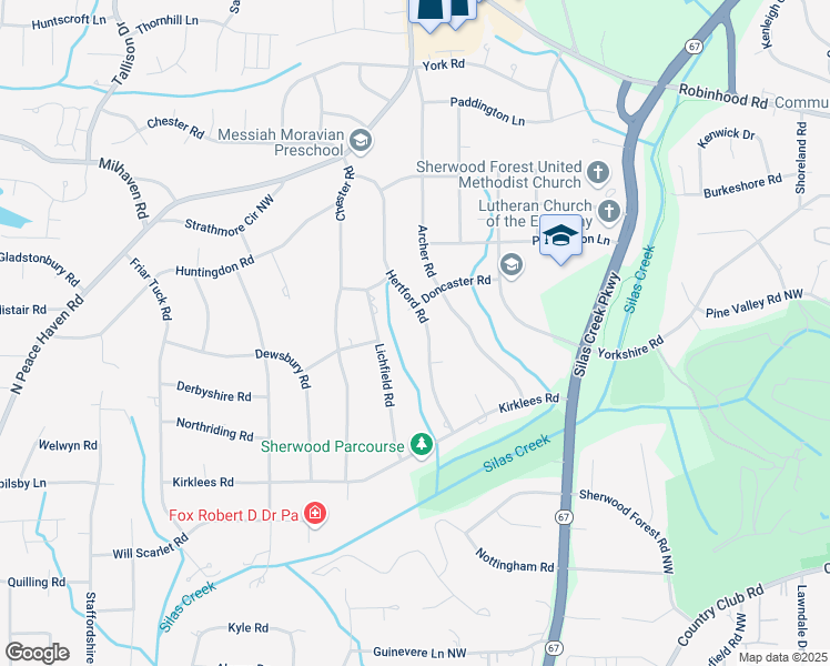 map of restaurants, bars, coffee shops, grocery stores, and more near 664 Hertford Rd in Winston-Salem