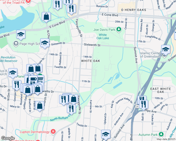 map of restaurants, bars, coffee shops, grocery stores, and more near 1210 12th Street in Greensboro