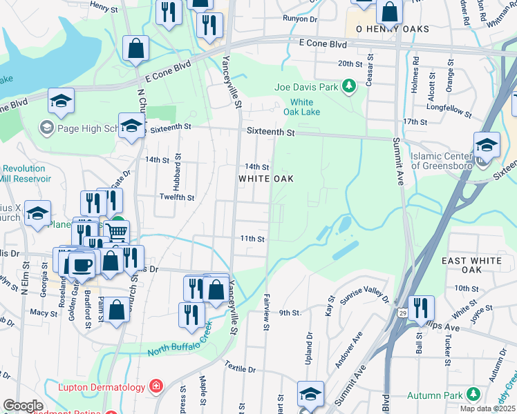 map of restaurants, bars, coffee shops, grocery stores, and more near 1210 12th Street in Greensboro