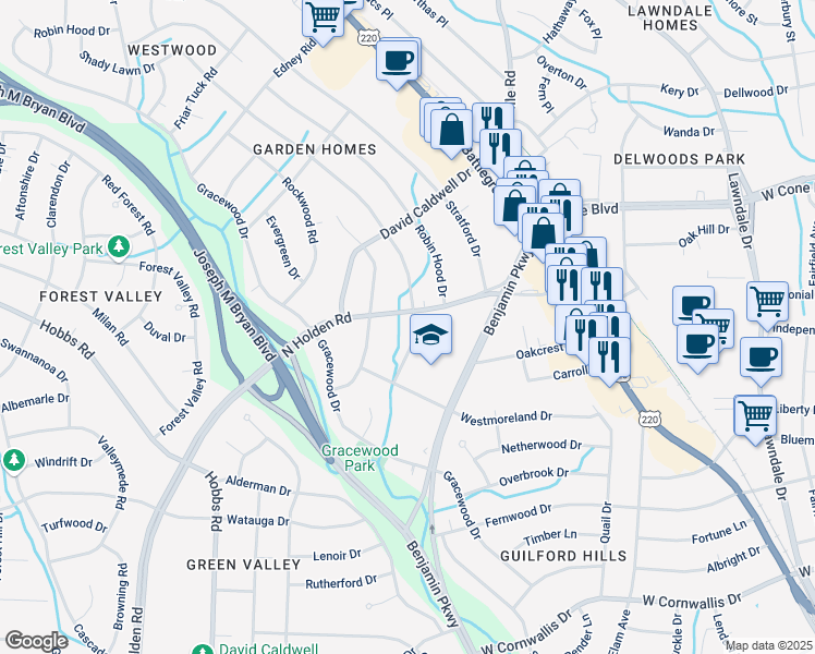map of restaurants, bars, coffee shops, grocery stores, and more near 2515 Shady Lawn Drive in Greensboro